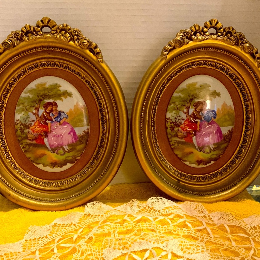 2 VTG Victorian Limoges Fragonard Couple Painted Porcelain Cameo Frames #320